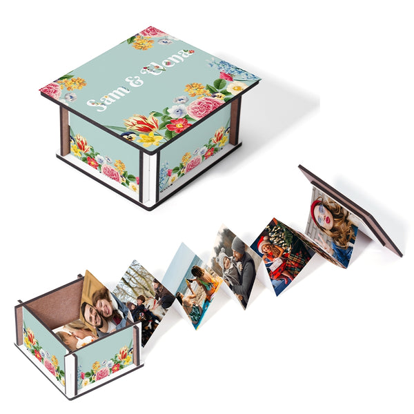 Sublimation Keepsake Box - 83 x 72 x 45mm with floral design and personalized photo accordion insert, ideal for custom photo storage gifts.