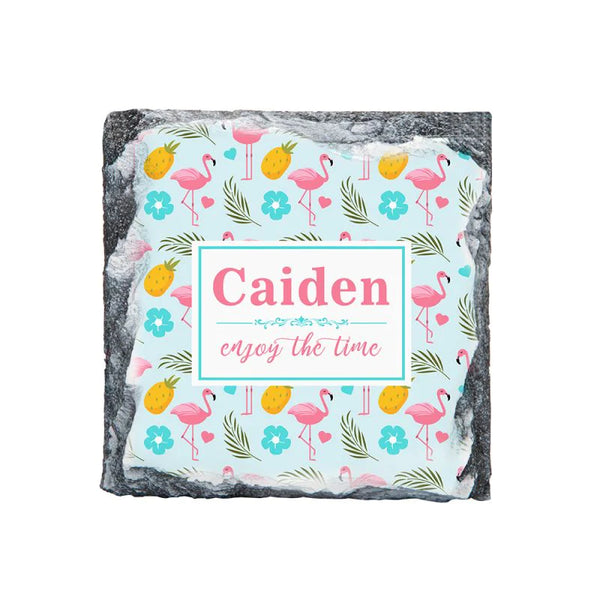 Sublimation blank rock slate coaster with a colorful flamingo and pineapple design, ideal for personalisation.