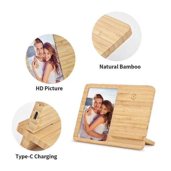 Sublimation wireless charger wood photo frame with HD picture display, natural bamboo finish, and Type-C charging port for custom desk use.