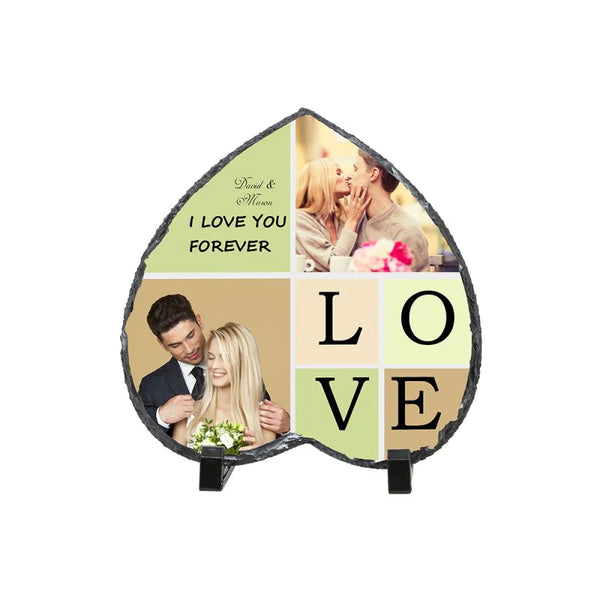 Heart-shaped sublimation rock slate with romantic photo collage and 'LOVE' text, ideal for custom laser engraving.