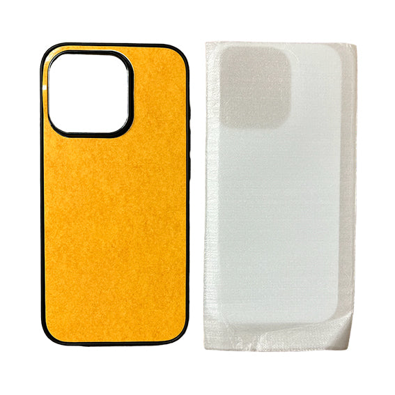 SubliGlass - iPhone 15 Pro Max 6.7 sublimation case with high gloss toughened glass insert, shown with protective film and black plastic border.