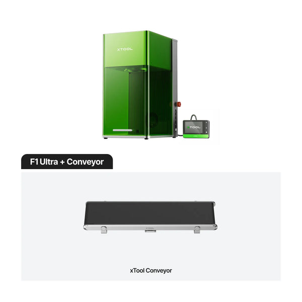 xTool F1 Ultra Laser Engraver – Dual Laser Speed for Metal & More, shown with conveyor extension for automated engraving workflow.
