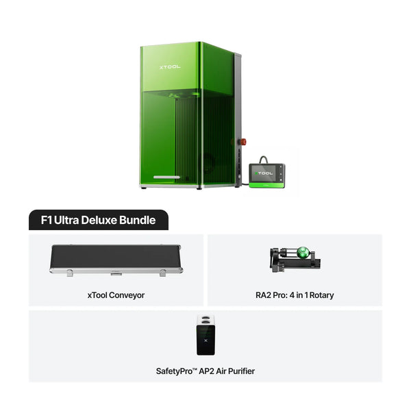 xTool F1 Ultra Laser Engraver Deluxe Bundle with fiber and diode lasers, includes xTool Conveyor, RA2 Pro rotary, and SafetyPro™ AP2 air purifier.