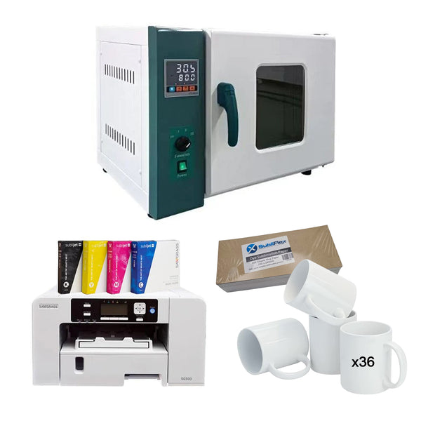 Large Oven - 70l Starter Kit With Sawgrass includes a 70L sublimation oven, Sawgrass SG500 printer, sublimation inks, paper, and 36 blank mugs.