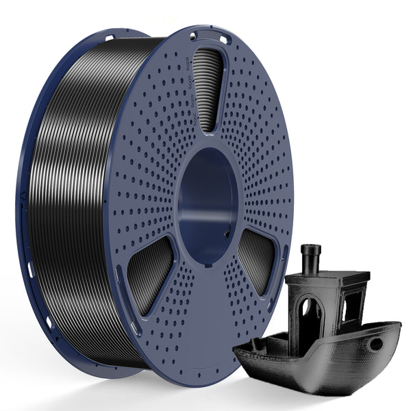 Sunlu Silk PLA+ Black Filament 1 KG spool with black 3D printed boat model beside it