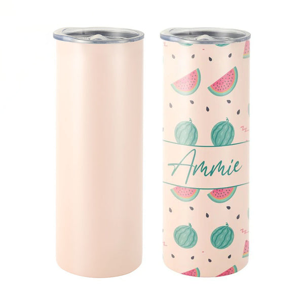 Blank pink stainless steel tumbler for sublimation and custom laser engraving, shown beside a decorated sample.