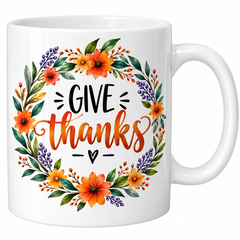11oz Orca Coated Glossy Durham Style Mug with 'Give Thanks' floral design, ideal for sublimation printing and dishwasher-safe use.