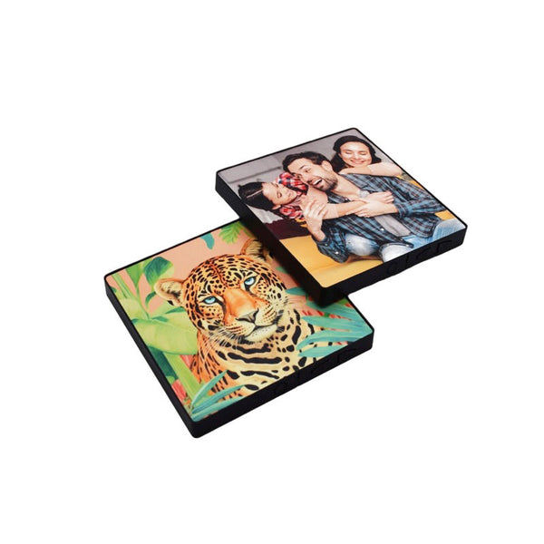 Heart ceramic sublimation fridge magnet with custom photo and leopard design, ideal for personalized home decor or gifting.