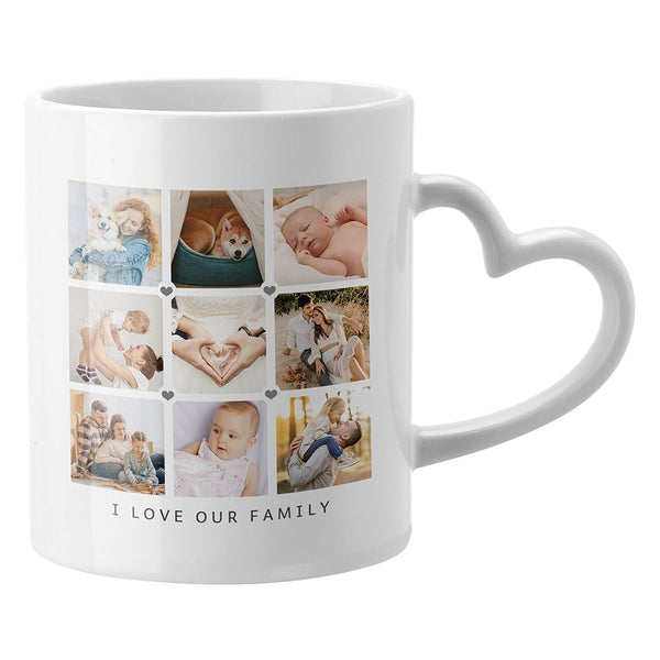 White sublimation mug with heart-shaped handle and family photo collage design