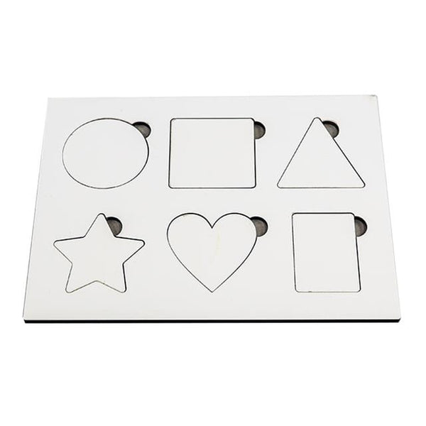 MDF Graphic Puzzle - 25 x 17cm with six blank geometric shapes for sublimation printing, ideal for kids' learning and custom jigsaw puzzles.