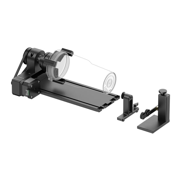 xTool RA2 Pro Rotary Attachment with adjustable base and rotary module for laser engraving cylindrical objects like tumblers and mugs.
