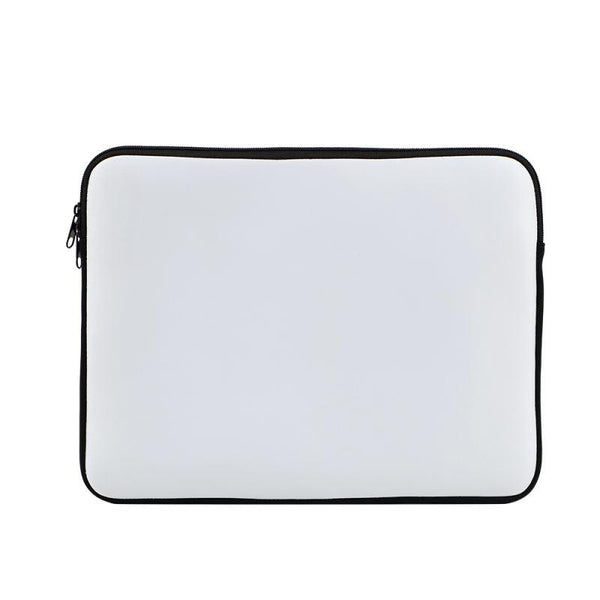 Blank white 13-inch neoprene sublimation laptop sleeve with black trim, ideal for custom printing and fits iPads or smaller notebooks.