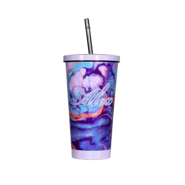 450ml Stainless Steel Rainbow Straw Cup - Sparkle Purple