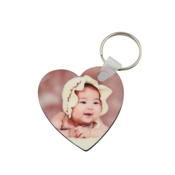 Heart-shaped sublimation blank keyring with baby photo, ideal for personalized gifts and laser engraving.