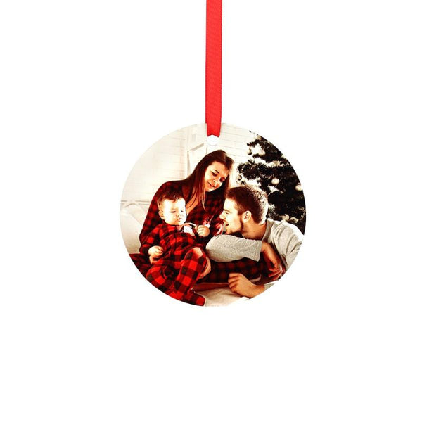 Blank sublimation ornament with family photo, hanging on red ribbon, for laser engraving