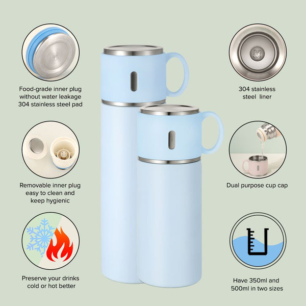500ml and 350ml blue stainless steel bottles with cup lid for sublimation or laser engraving