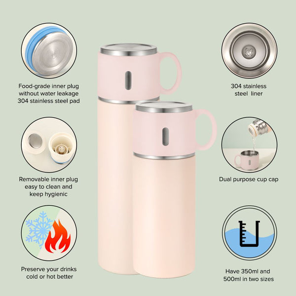 Pink 500ml stainless steel bottle with removable cup lid, ideal for sublimation or laser engraving.