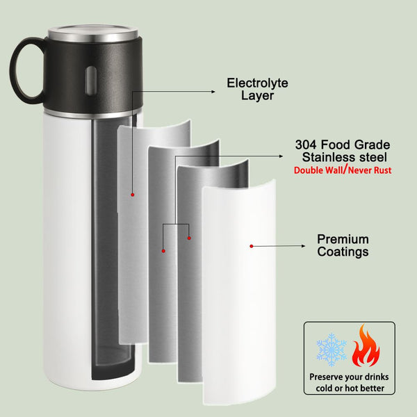 500ml white stainless steel sublimation bottle with cup lid, double wall, multi-layer construction