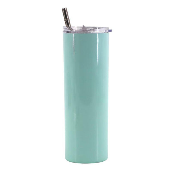 Blank mint green sublimation tumbler with clear lid and metal straw for laser engraving.
