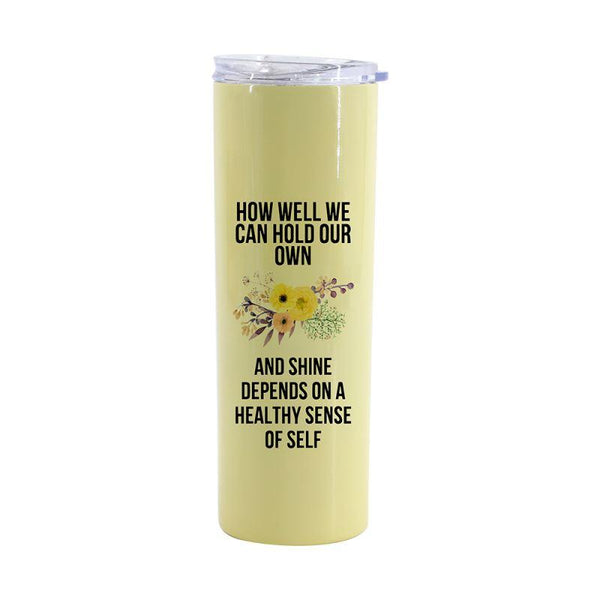 Yellow sublimation tumbler with floral design and motivational quote, ideal for laser engraving