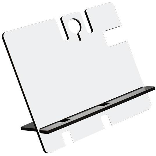 Blank acrylic phone stand for sublimation or laser engraving, angled with slot design