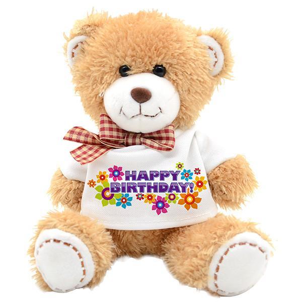 Sublimation teddy bear with plaid bow and white "Happy Birthday" shirt for custom laser engraving