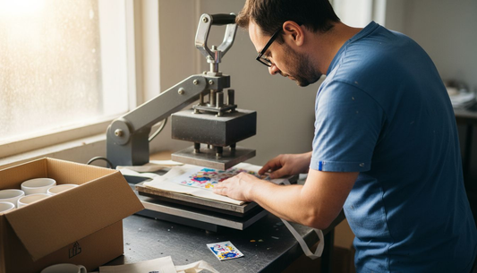 Technician using heat press for sublimation