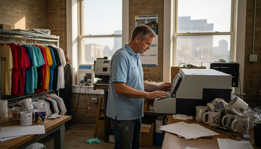 Print shop owner adjusts sublimation printer