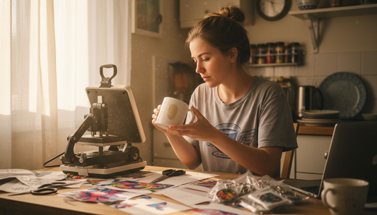 Beginner crafting sublimation blanks in kitchen