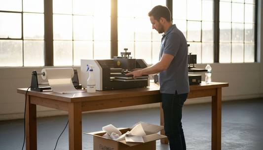 Technician organizing sublimation printer and heat press