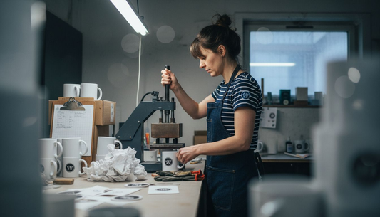 Operator using heat press for mug sublimation