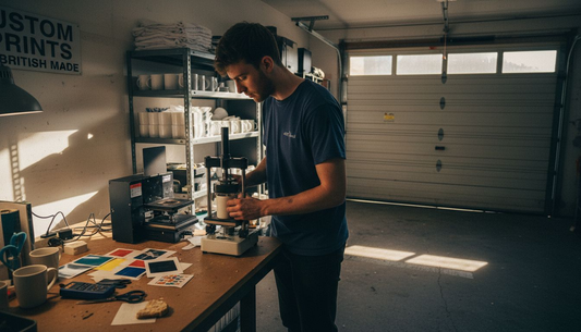 Entrepreneur setting up sublimation equipment workspace