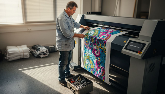 Technician monitoring sublimation textile printer