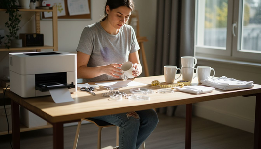 Person sorting sublimation blanks at desk