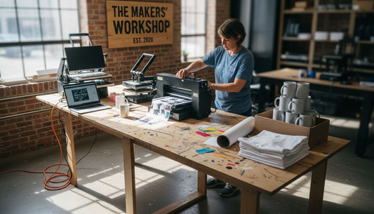 Sublimation workspace with printer, heat press, supplies