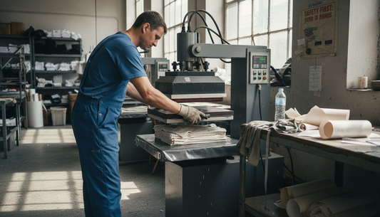 Technician operating heat press in print shop