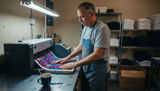 Technician transfers print in garment workshop