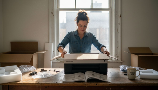 Owner unboxing sublimation printer in sunlit workspace