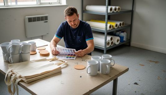 Print shop owner reviewing sublimation blanks selection