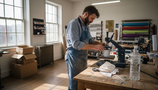 Man preparing mug on heat press in studio