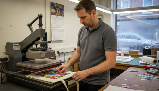 Technician preparing tote bag on heat press