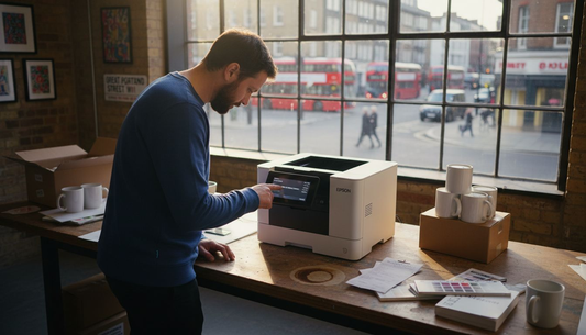 Small business owner operates sublimation printer