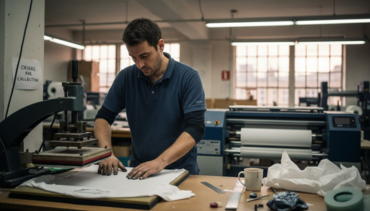 Technician aligns transfer paper on sublimation press