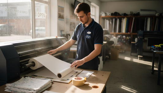 Technician operating sublimation printer in UK shop