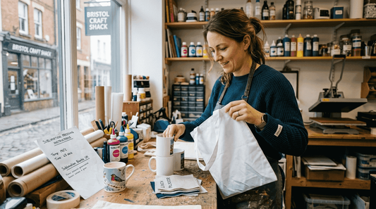 UK crafter preparing sublimation blank tote