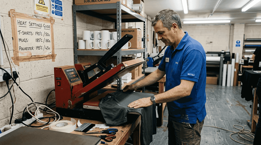 Technician preparing sublimation print in UK workshop
