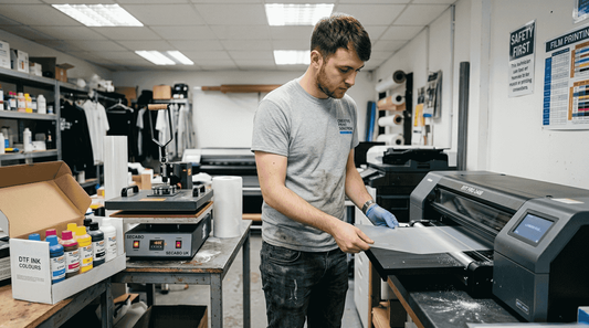 Technician operating DTF printer in workshop