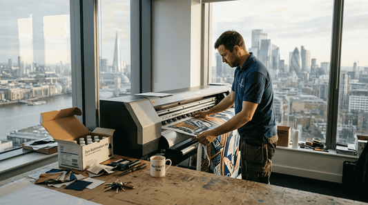 Print technician using sublimation printer in London office