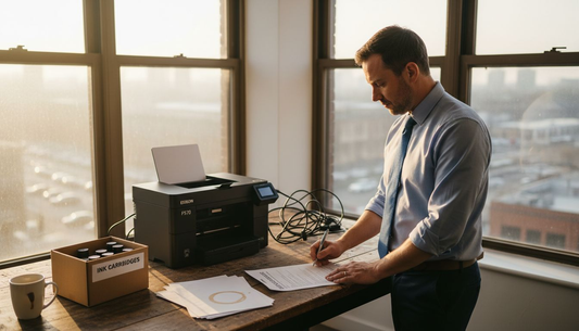 Business owner reviewing printer checklist in office