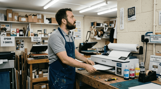 Operator preparing sublimation printer in shop